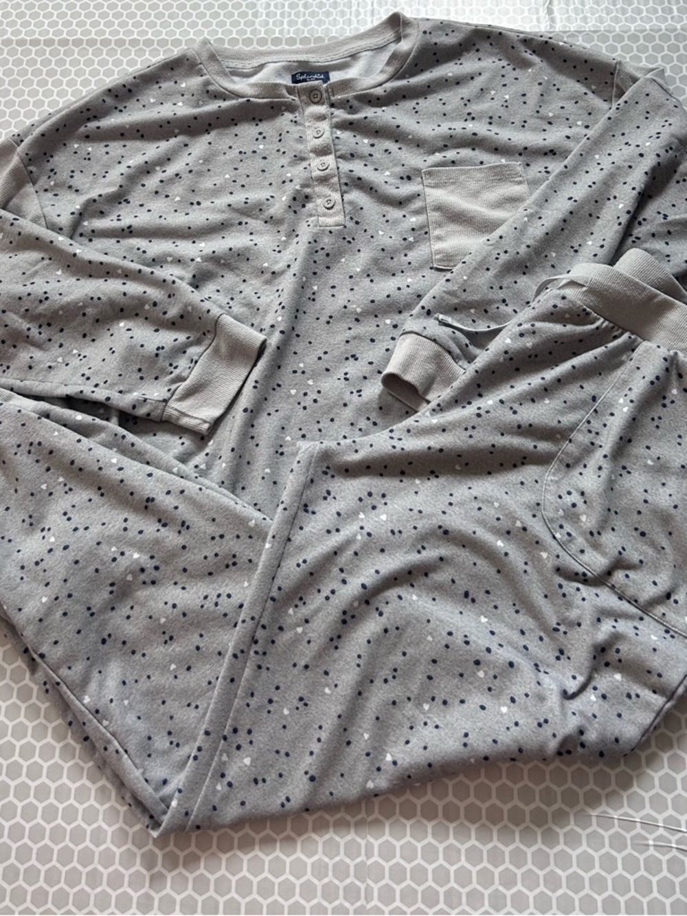 Splendid Light Gray & Navy Dot Henley Pajama Set.  Size XL